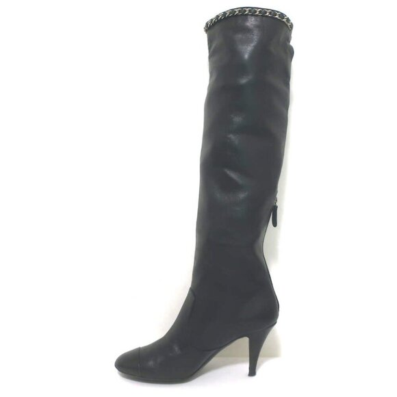 Chanel CC Chain-Trim Cap Toe Knee High Boots Black Leather Size 36.5 - Picture 8 of 15